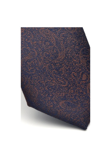 Şal Desenli Kahverengi Dokuma Kumaş Mendilli Slim Fit Kravat // Sdk-2508-4 Kahverengi