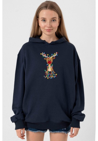 Adorable Reindeer Christmas Lacivert Kadın 3ip Kapşonlu 001