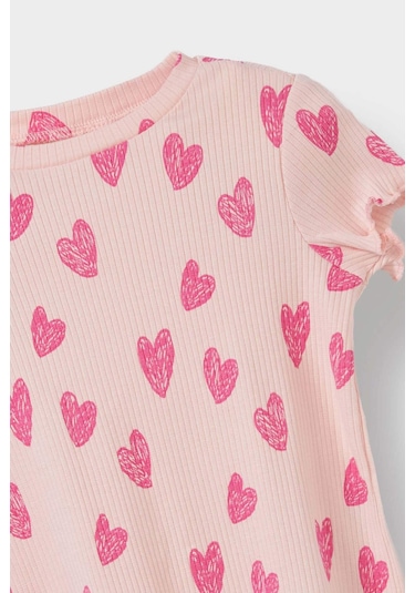 DeFacto Kız Bebek 2'li Takım Desenli Fitilli Kaşkorse Kısa Kollu Tişört Şort E0724A525SMPN127