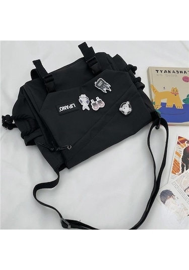 Novahub Siyah Naylon Küçük Omuz Çantası Büyük Kapasiteli Crossbody Çanta Genç Messenger Çanta Öğrenci Okul Çantaları İçin Siyah