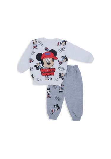 Erkek Bebek Mickey Mouse Baskılı Şapkalı Alt Üst 2'li Takım 001