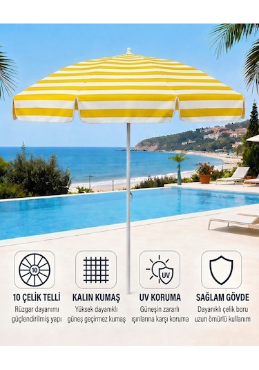 Plaj Şemsiyesi Balkon Bahçe Güneş Şemsiyesi 200cm 10 Telli Uv Korumalı Sarı