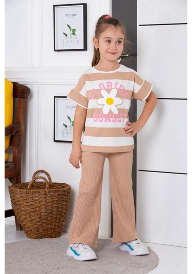 Oversize İspanyol Paça Kız Çocuk Takım Bej