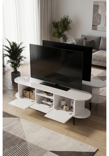 Tv Sehpası 160 Cm Modern 3 Kapaklı Tv Sehpa Çok Amaçlı Konsol Ünitesi Mira Mavi