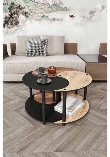 Yin Yang Unity Serenity Orta Sehpa 3 Lü Meşe Ceviz Siyah 70 Cm Meşe