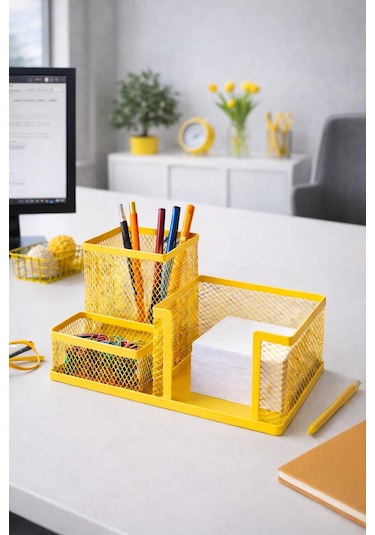 Need Nd-1034 Metal Mesh Masaüstü Organizer 3 Bölmeli, Çok Amaçlı Düzenleyici Sarı