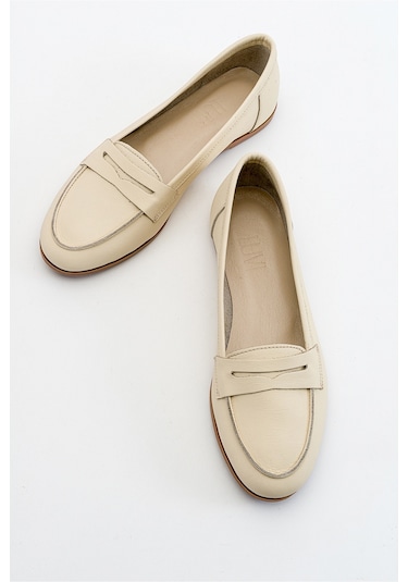 F02 Ekru Bej Cilt Hakiki Deri Kadın Babet Bej - Ekru