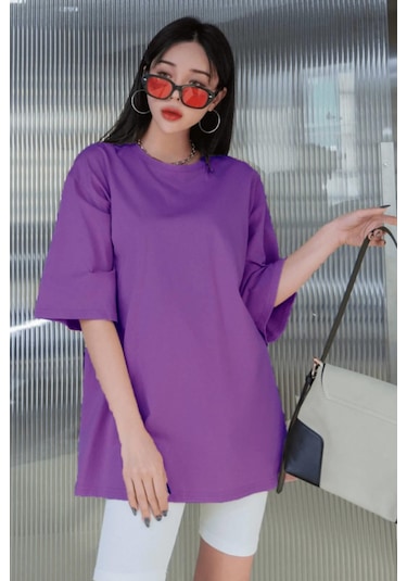 Mor Basic Düz Baskısız Oversize Salas Boyfriend Kadın T-Shirt Mor