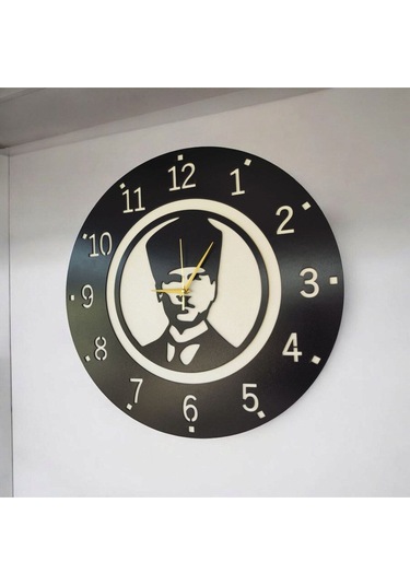 Atatürk Ahşap Siyah Renk Sade Sayılı Hediyelik Sessiz Duvar Saati 50cm Siyah