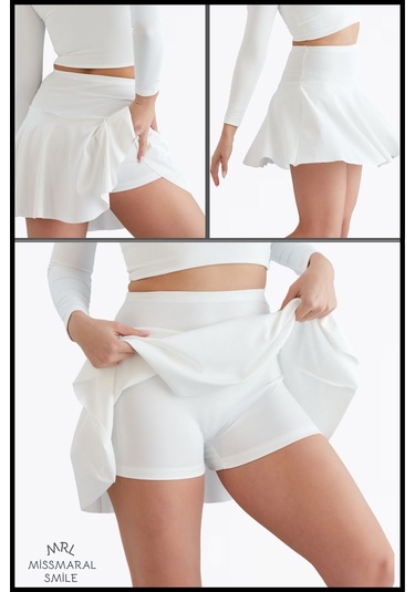 Beyaz Yüksek Bel Volanlı Şortlu Spor Etek Deniz Şortu Skirt With Shorts Beyaz