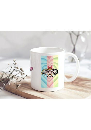 Powerpuff Girls Gökkuşağı Desenli Renkli Kupa Bardak - Eğlenceli Güçlü Kadın Hediye Beyaz