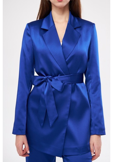 Kuşaklı Saten Takım Saks Saks