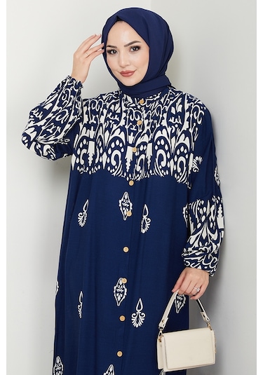 Çilay Düğmeli Dokuma Viskon Elbise 1561 - Lacivert Lacivert