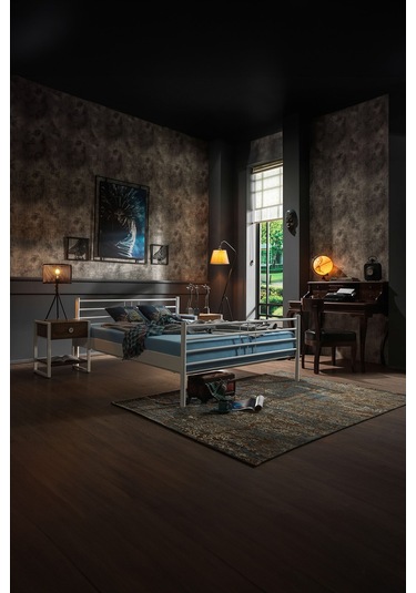 Manyas Çift Kişilik Ferforje Metal Karyola-beyaz Ahşap Latalı