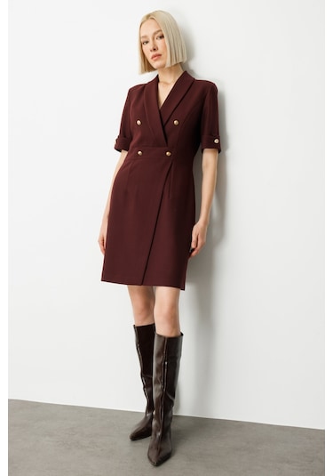 Ekol Kadın Kruvaze Yaka Süs Düğmeli Elbise 4017 Bordo Bordo