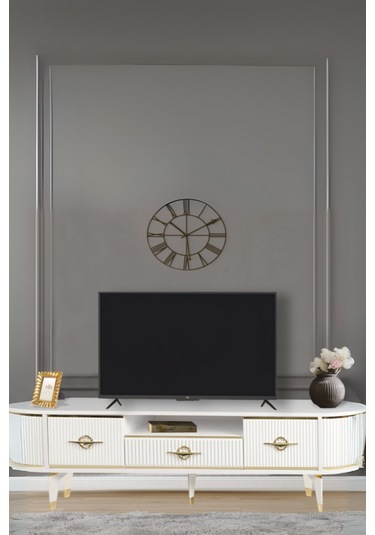 Duru Tv Sehpası Beyaz Gold 2 Kapaklı 1 Çekmeceli Oval Detaylı Sehpa 180x40x53 Cm