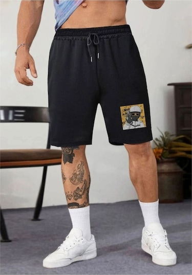 Altamira Erkek Siyah Gangsta Baskılı Oversize Şort 001