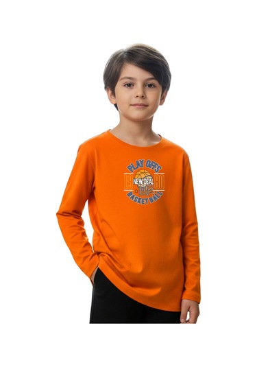 Düz Yuvarlak Yaka Playy Of Baskı Detaylı Erkek Çocuk Sweatshirt Turuncu
