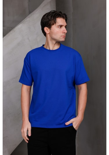 Erkek Basic Oversize Bisiklet Yaka 2 İki İplik Kompakt T-shirt Saks