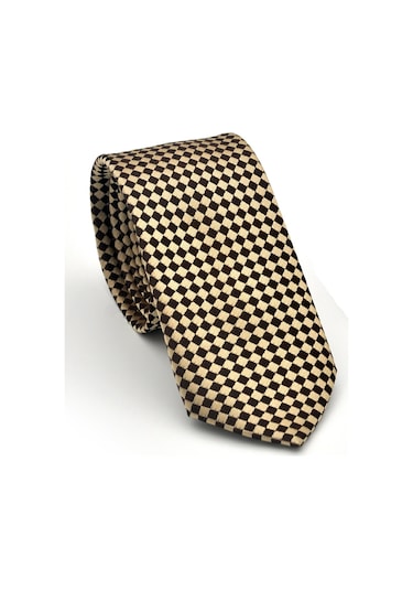Kahverengi Piti Kare Desenli Bej Dokuma Kumaş Mendilli Slim Fit Kravat // Sdk-2503-5 Bej