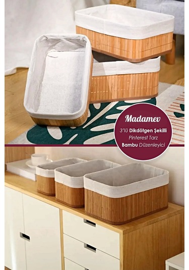 Madamev 3lü Pinterest Stil Bambu Kare Sepet Dekoratif Ev Düzenleyici Organizer Çok Amaçlı Bambu Hası Çok Renkli