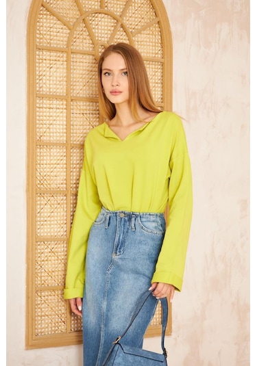 Kadın Ekstra Uzun Duble Kol / Yakası Yırtmaçlı Salaş Sweatshirt Bluz 3470190 Yağ Yeşili