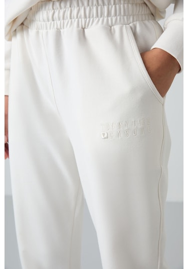 Tommy Life Ekru Basic Pamuklu O Yaka Oversize Lastik Paça Kadın Eşofman Takım - 95287 Ekru