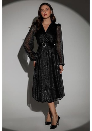 Dipmoda Kadın Kemerli Kruvaze Yaka Simli Gece Elbisesi Dpnbmy3590 Siyah