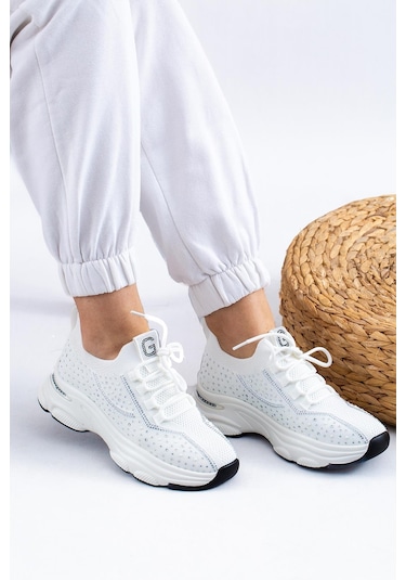 Guja İthal Özel Seri Taşlı Triko Kadın Spor Ayakkabı 24y309-1 Beyaz-beyaz Beyaz