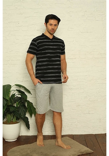 Akbeniz Erkek Siyah V Yaka 3'Lü Pijama Takım 6822-Siyah