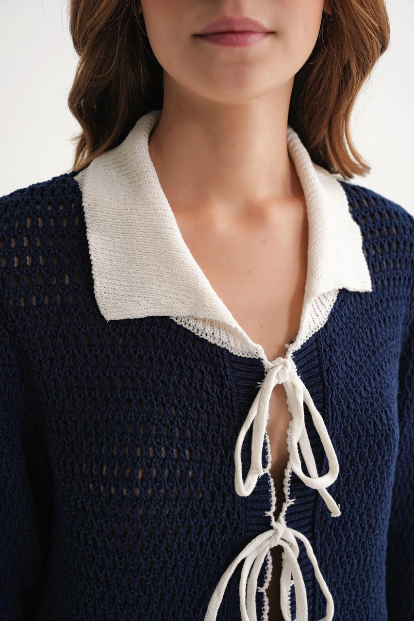 6945 Kadın Ajurlu Bağlamalı Triko Hırka Lacivert Lacivert