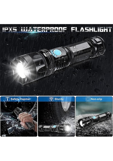 Artfulabode Yürüyüş, Xhp50.2 Taktik Su Siyah Şarj Mod, Lümen, Yüksek Performanslı Geçirmez Led Kamp Feneri, Ipx7, 90000 Siyah