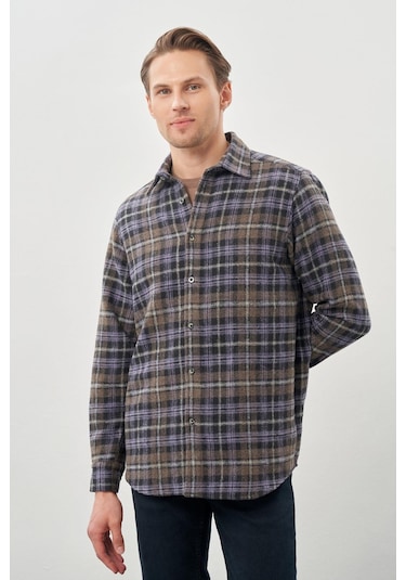 Koyu Antrasit Yünlü Ekose Desen Yumuşak Yaka Cepsiz Uzun Kol Casual Comfort Fit Gömlek 1004245227 Koyu Antrasit