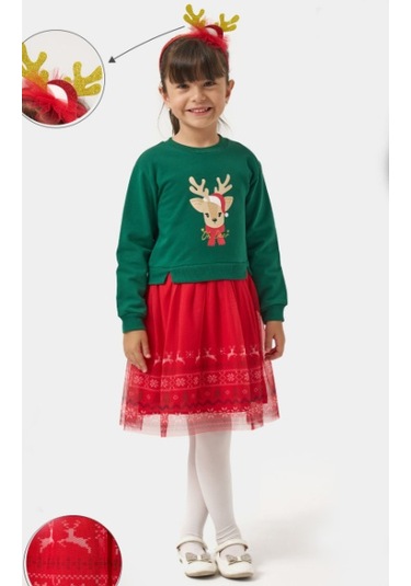 Kız Çocuk Oh Deer Tüllü Baskılı Yılbaşı Elbisesi Nbk-24909 Yeşil