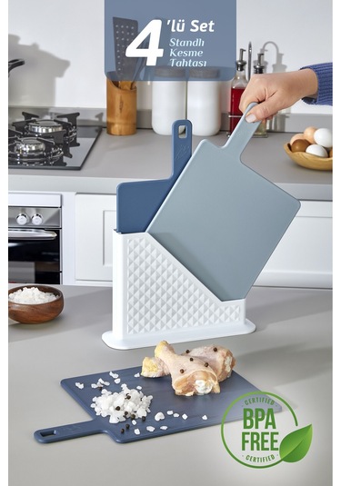 4'lü Tezgah Üstü Standlı Kulplu Kesme Tahtası - Çoklu Doğrama Tahtası Ekmek Sebze Et Kesim Panosu Mavi
