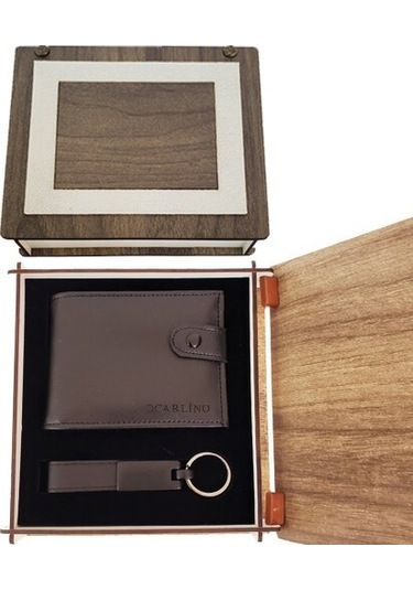 Dekoratif Ahşap Kutulu Deri Cüzdan Anahtarlık Set - 90260441659191000f