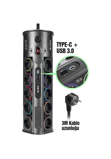 S-link Swapp SP10AF 1.5 MM USB Type-C 2.1A/5V 16A 250V 3680W 10'lu Kablolu Akım Korumalı Priz 3 M