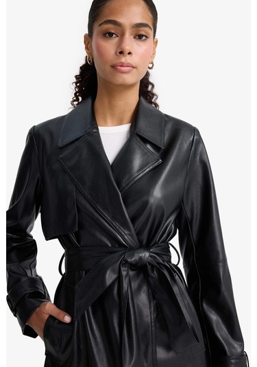 Defacto Regular Fit Kemerli Cepli Suni Deri Kısa Trençkot E8596ax25aubk27 Siyah