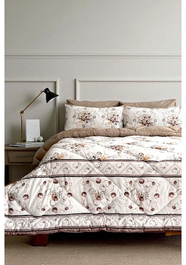 Alla Turca Çift Kişilik 4 Yastık Kılıflı Lastikli Çarşaflı Çift Taraflı Desenli Uyku Seti-kanaviçe Sütlü Kahve Sütlü Kahve