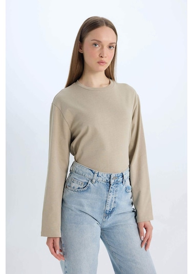 Defacto Regular Fit Bisiklet Yaka Basic Düz Uzun Kollu Tişört Tunik D4897AX24WNKH479 Haki