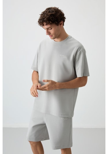 Taş Pamuklu Kalın Yumuşak Dokulu Oversize Fit Nakışlı Erkek Şort Takım - 85250