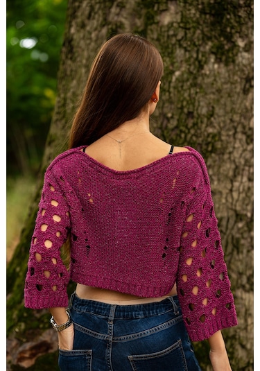 Verdeblanco Yırtık Detaylı Örme Crop Top Mürdüm