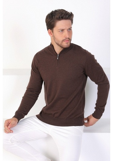 Ferraro Kahve Dik Yaka Düz Renk Pamuk Erkek Kazak Kahverengi