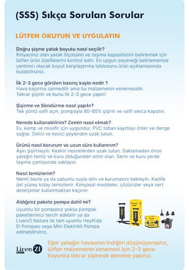 Livenzi Tek Kişilik Şişme Yatak Yastık + Manuel Şişirme Pompası 191 76 22 Cm Lacivert