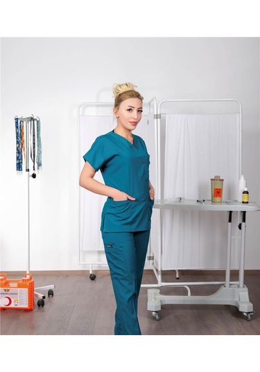 Likralı Cerrahi Forma Unisex Hemşire Doktor Sağlıkçı Forması Scrubs Üniforma Petrol Yeşili
