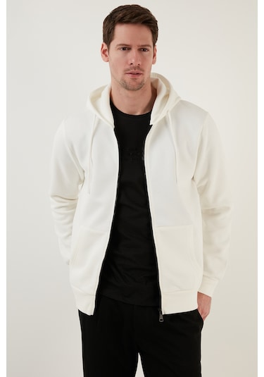 Buratti Regular Fit Kapüşonlu Fermuarlı Içi Tüylü Yumuşak Şardonlu Kışlık Erkek Sweat 5905340 Ekru