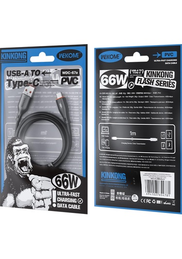 Wk Wdc-67a Kinkong 1m 66w Pvc Veri Kablosu, Arayüz: Usb Tip-c Siyah