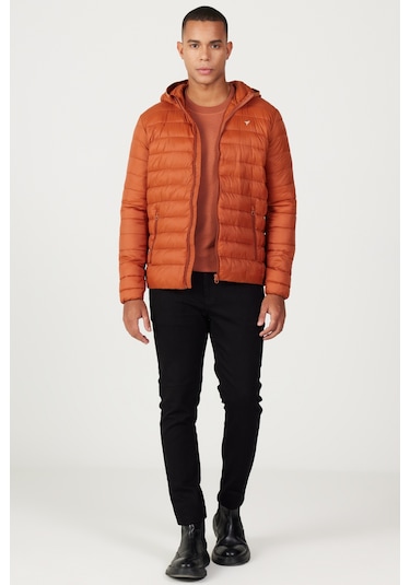 Erkek Kıremıt Standart Fit Normal Kesim Kapüşonlu Mont KIREMIT