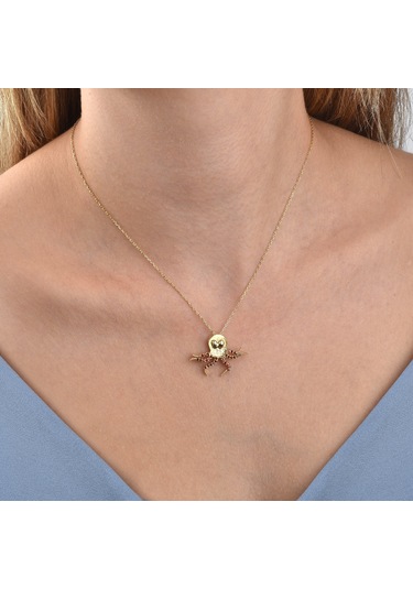 14 Ayar Mikron Altın Kaplama Ahtapot Figürlü Kolye Kırmızı Taşlı El Yapımı Tasarım - Cns00671 Altın