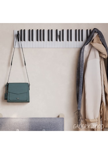 Dekoratif Piyano Elbise Askılığı 15x75 Cm 21 Tuşlu Ahşap Askılık Beyaz - Siyah